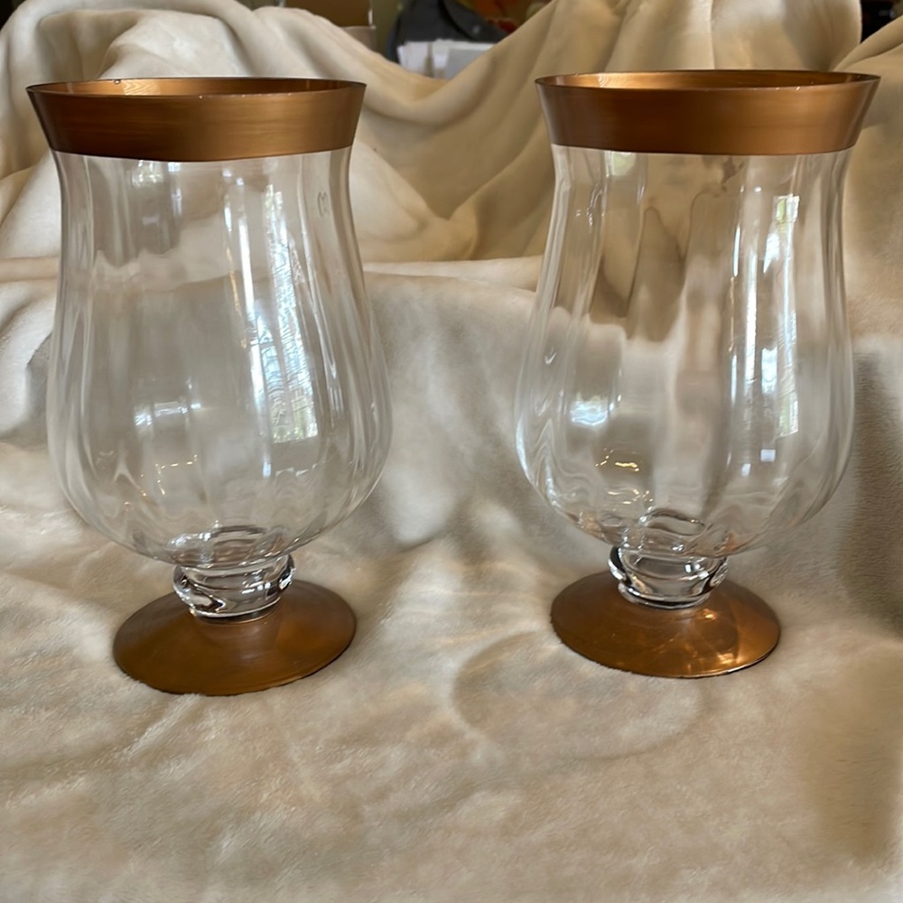 Set of 2 Glass Hurricane Candleholders with Bronze trim